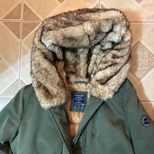 y2k Abercrombie Green Parka with Faux Fur Hood
